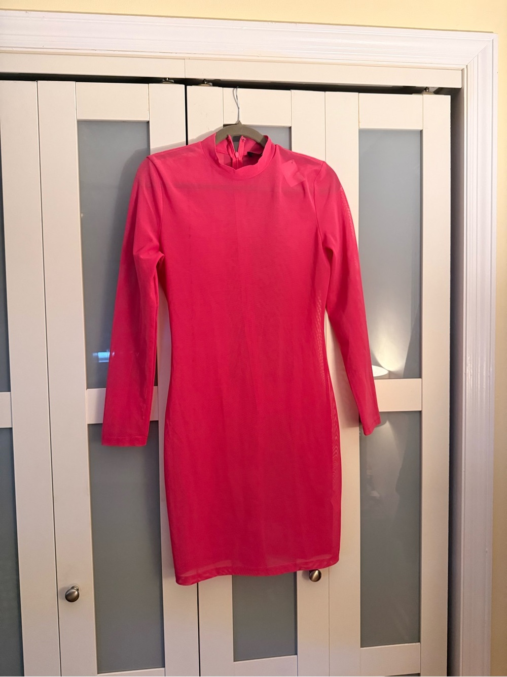 Hot Pink Mesh Bodycon Dress | Long Sleeve Mock Neck - Picture 2 of 4